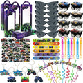110PCS Monster Truck Party Favors, Birthday Decorations and Goodie Bag Toys | 110PCS monster truck party favors with boxes, trucks, sunglasses, stickers, bracelets, keychains, bubble wands and straws. - style: Monster Truck