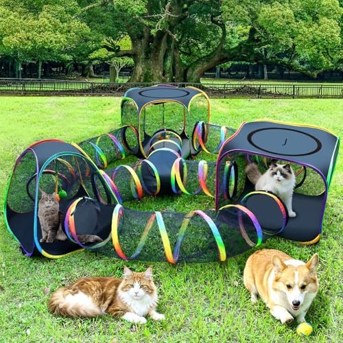 CypherX Outdoor Cat Enclosure, Portable Cat Tent with Tunnel Popup Catio | 7-in-1 modular design: 3 tents, 18" wide tunnels, scratch balls & storage bag. Durable setup for large cats & small pets. - size: 7 in 1 Kingdom(18"W)
