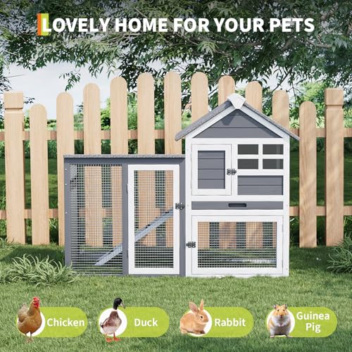 GarveeLife Small Wooden Chicken Coop, 2-Story Rabbit Hutch Indoor Outdoor with Waterproof Roof, Bunny Cage with Pull Out Tray and a Wooden Ramp