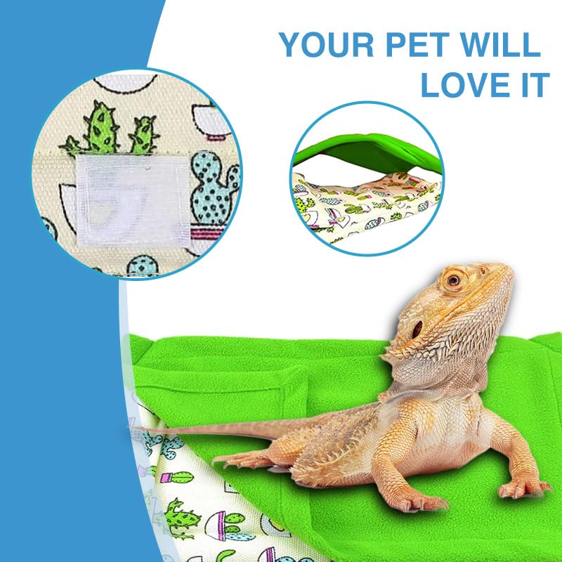 Bearded Dragon Hammock Sleeping Bag Set- Hanging Pet Bed with Pillow and Blanket Hideout Habitat with Soft Warm for Bearded Dragon Lizard Leopard Gecko and Small Pet Animal（Beige + green Quilt） - color: Beige + green Quilt