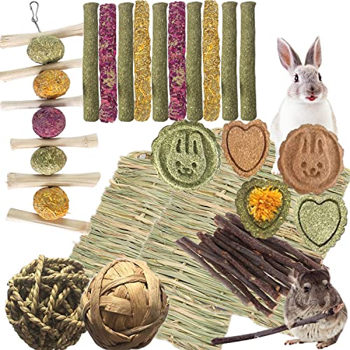 ANDES Bunny Toys 30PCS Guinea Pig Toys Rabbit Toys Accessories Natural Timothy Biscuit Hay Sticks Hamster Toys for Teeth Handmade Rabbit Chews and Treats Apple Wood Sticks Chinchilla Rat Teeth Molar