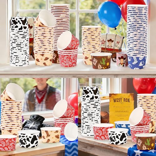 120Pcs 12oz Western Cowboy Ice Cream Cups for Hot or Cold Food | Rodeo Dessert Bowls Disposable Bandana Cowboy Boot Large Snack Cups for Western Birthday Bachelorette Party Favor - style: Western Dessert Cup