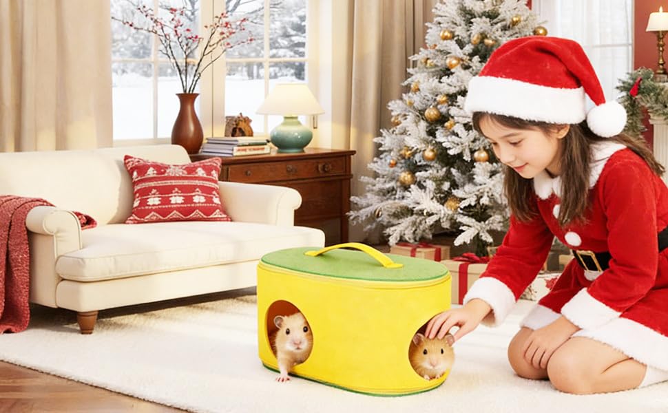 Christmas Guinea Pig Hideout, Large Cozy Bed, Warm Small Animal Cage House for Chinchilla, Hamster, Ferrets, Hedgehog, Rats and Other Small Pets - color: YLW+GRN