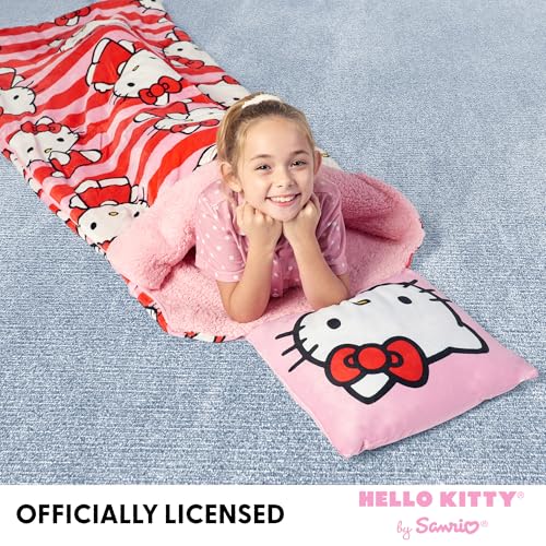 Silk Touch Sherpa Slumber Bag for Boys and Girls, Sleeping Bag with Zipper, Sleepover Set, 27 x 56 inches - color: Hello Kitty Bow Friendly w/ Pillow