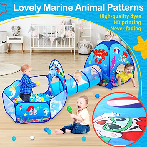 GeerWest 3PC Kids Ball Pits for Toddlers with Kids Play Tent, Tunnel for Baby, Children Pop Up Indoor/Outdoor Playhouse Toy for Boys and Girls, Best Birthday Gifts for 3 4 5 Years Old - style: 3pc Ocean Ball Pit