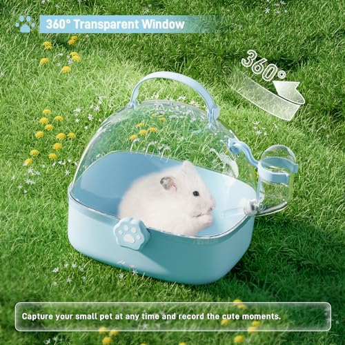 BUCATSTATE Small Animal Carrier Cage with Water Bottle, Portable Hamster Travel Carrier Carry Case 7.24" L*6.69 W *6.42" H for Small Pets, Gerbils, Mice, Dwarf Hamster (Blue) - color: Blue