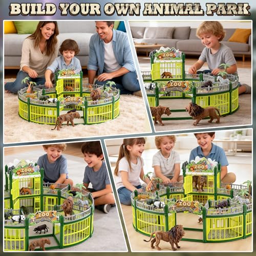 Complete 248PCS Animal Playground Set with 14 Realistic Wild Animals – Build Your Own Animal Park, Interactive Playset with Openable Fences & Battle Station, for Boys Girls Kids Toddlers 3-8 - color: Green