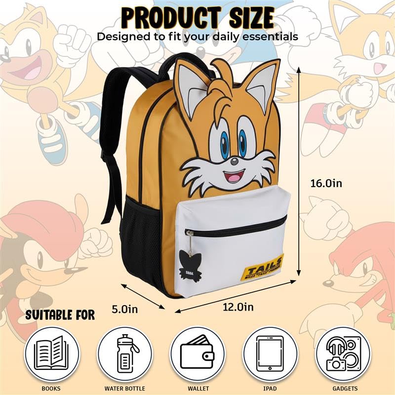AI ACCESSORY INNOVATIONS Sonic The Hedgehog Backpack for Boys & Girls, Tails Big Face 16 Inch Schoolbag with Tails Rubber Molded Dangle, Yellow - style: Tails
