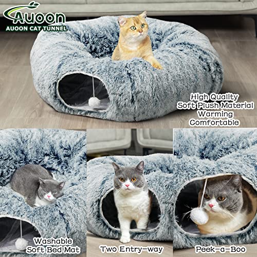 AUOON Plush Cat Tunnel Bed for Indoor Cats, 36" L x 36" W x 11.5" H, Gray | 2 in-1 Interactive Cat Toy, with Hanging Ball Toy, Machine Washable Center Pad, for Kitten Puppy Rabbit Ferret - color: Gray