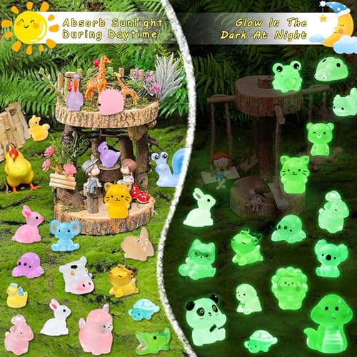 52Pcs Luminous Mini Resin Animals 52 Styles Miniature Glow in the Dark Resin Animal Figures to Hide Tiny Small Little Ducks Turtles Dinosaurs and Frogs for Micro Landscape Dollhouse Fairy Garden Decor - style: 52Pcs-Luminous
