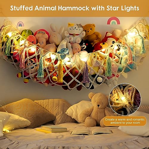 Stuffed Animal Net or Hammock, Large Stuffed Animal Storage Macrame Toy Hammock Hanging Corner Net for Stuffed Animals, Plushie Net Hammock with Star Lights for Boho Kids Room Nursery Playroom Decor