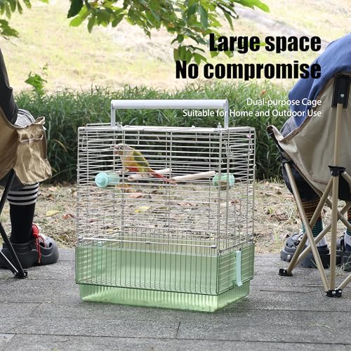 304 Stainless Steel Travel Bird Cage, 17 Inch Foldable Carrier for Conures Cockatiels Grey Parrots Caiques, with Aluminum Handle Perch (Green, Large Birdcage) - color: green