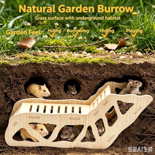 3-Piece Hamster Wooden Platform Play Set with Ladder Tunnel, Natural Wood Hamster Cage Accessories, Small Animal Climbing Stand Hideout for Dwarf Syrian Hamsters Gerbils Mice Rats