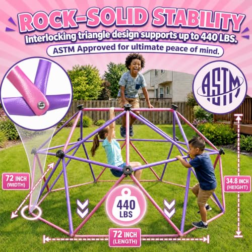 6FT Climbing Dome for Kids, Jungle Gym for Indoor and Outdoor, Geometric Dome Climber Supporting 440 Lbs Anti-Rust Metal Play Structure, Kids Gift Toys, ASTM Approved, Pink & Purple - color: Pink & Purple