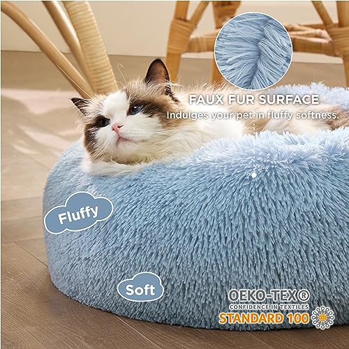 Bedsure Calming Cat Beds Donut Round Washable Kitten Bed,20 inches | Fluffy Faux Fur Cuddler,Anti-Slip Bottom,Anti-Anxiety,Deep Sleeping for Cats&Small Pets Up to 15 Lbs,Light Blue - color: Light Blue, size: 20"L x 20"W x 6"Th