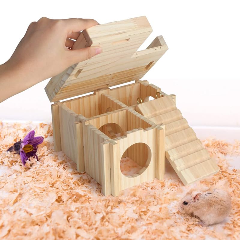 Wooden Hamster Hiding Place with Hamster Bowl Ladder and Detachable Platform, Suitable for Small Pets, Perfect for Hamsters, Rats, sandmice, mice and Other Small Animals