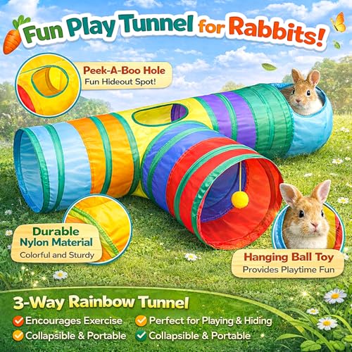 Mechpia Rabbit Toys, 3 Way Buuny Hideout Foldable Rabbit Tunnel and Tubes for Rabbit Guinea Pig Chinchilla Ferret Rat