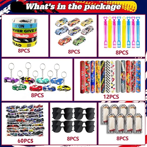 120PCS Race Car Party Favors, Race Car Birthday Decorations and Supplies | 120PCS race car party favors with bracelets, keychains, gift bags, glasses, stickers, bubble wands and mini cars. - style: Race Car