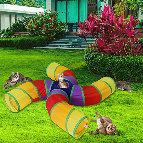 Bemodst S-Type Cat Tunnel, 2 Way/3 Way/4 Way/5 Way Collapsible S-Shape Small Animal Tubes Kitty Tunnels Interactive Maze House Toy with Storage Bag for Kitten Puppy Rabbit Guinea Pig (Rainbow-4 Way) - color: Rainbow-4 Way