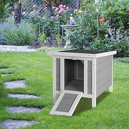 Wooden Bunny House Rabbit Cat Hutch, Feral Cats Outdoor Weatherproof Rabbit Hutch w/Ramp, Lockable Doors, Openable Top, Small Pet House for Rabbits, Bunnies, Guinea Pigs, 16.5" x 20.5" x 17.3" - color: Gray