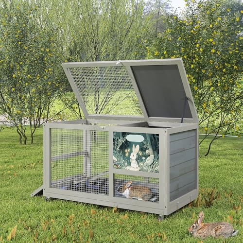 COZIWOW Fashionable Wood 36In Rabbit Hutch Indoor on Wheels Bunny Cage Outdoor Rabbit Cage with Clean Tray, Openable Roof, Anti-Slip Ramp for Small Bunny Rabbit (Grey with Pattern) - color: Grey