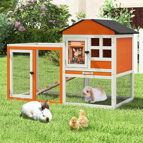 48" L Rabbit Hutch Outdoor Indoor, Expandable 2-Story Large Wooden Bunny Cage with Run, Removale Tray, Top-Opening Waterproof Roof, 2 Doors, DIY Drawing Board, Orange + Colorful Pattern
