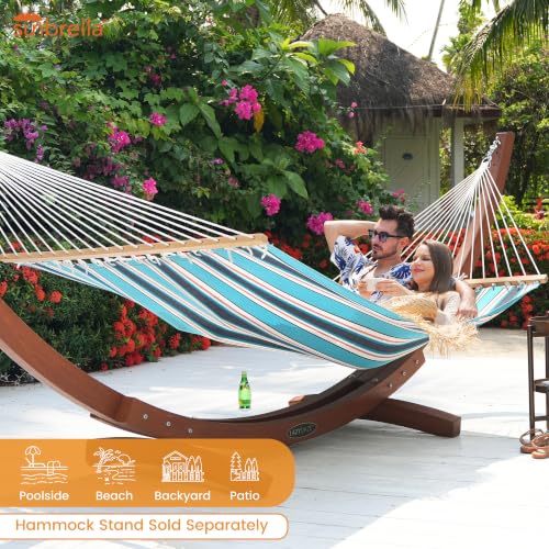 Lazy Daze 12 FT Sunbrella Fabric Hammock, Non-Fading Double Outdoor Hammock | 2 Person Hammock with Pillow, Straps, Carabiners , All Weather Fade Resistant for Outside, Token Surfside - color: Token Surfside
