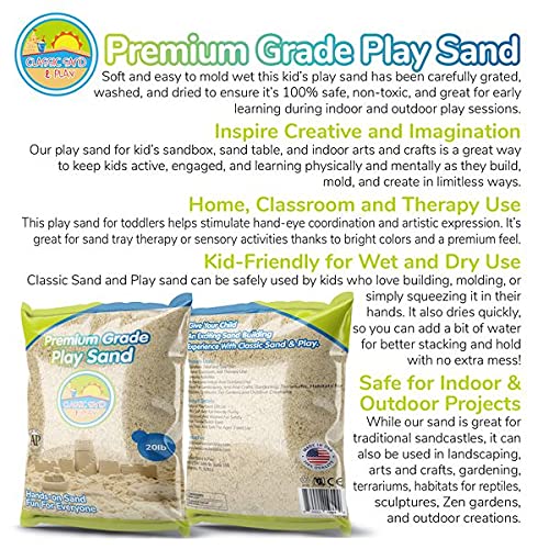 Classic Sand and Play Sand for Sandbox, Table, Therapy, and Outdoor Use, 20 lb. Bag, Natural, Non-Toxic, Wet Castle Building for Creativity and Stimulates Sensory Skills - size: 20 lb