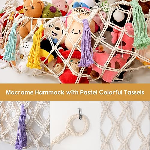 Stuffed Animal Net or Hammock, Large Stuffed Animal Storage Macrame Toy Hammock Hanging Corner Net for Stuffed Animals, Plushie Net Hammock with Star Lights for Boho Kids Room Nursery Playroom Decor