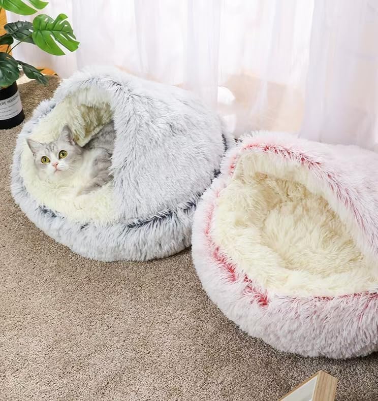 Round Fluffy Hooded Cat Bed Cave, Anti-Anxiety Cave Bed with Blanket | Hooded Cat Bed Cave, Cozy Cuddler Luxury Puppy Pet Bed, Anti-Slip Bottom and Machine Washable - color: Pink, size: Medium