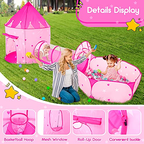 PigPigPen 3pc Kids Play Tent for Girls with Ball Pit, Crawl Tunnel, Princess Tents for Toddlers, Baby Space World Playhouse Toys, Boys Indoor& Outdoor Play House, Perfect Kid’s Gifts - style: 3PC Pink Star Play Tent