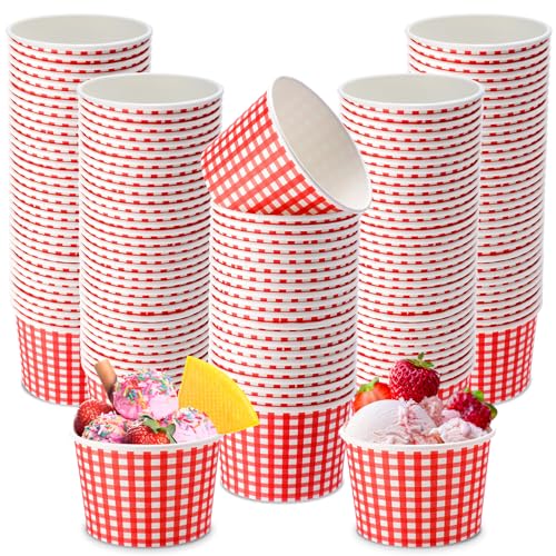 Jingmore 100 Pcs Ice Cream Paper Cups Bulk 8 oz Disposable Dessert Bowls for Hot or Cold Food Snack Treats Gift for Birthday Summer Party Favor Decoration(Red Gingham) - style: Red Gingham