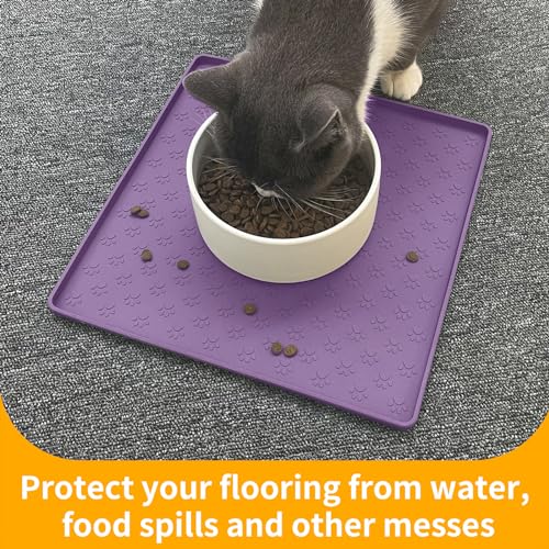 Ptlom Dog Food Mat Anti-Slip Bowl Mats for Food and Water, Waterproof Silicone Pet Placemat with High Raised Edges, Non-Slip Puppy Feeding Tray for Small, Medium Large Cats Dogs, Purple, 11.8"x11.8" - color: Purple, size: 11.8"L x 11.8"W