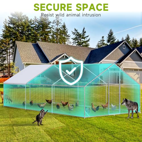 Large Walk-in Chicken Coop with Chicken Run, Galvanized Poultry Enclosure with Waterproof Anti-UV Cover and Security Lock, Ideal for Rabbit, Duck, Backyard and Farm Yard, 19.7'x 9.8'x 6.6' - size: 236.4"L x 117.6"W x 78.7"H