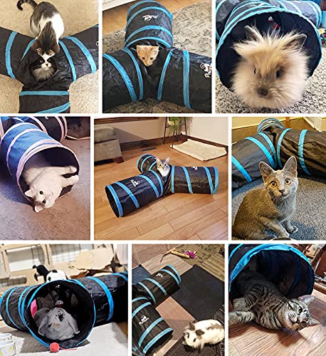 Pawaboo Cat Tunnel Tube 3-Way Tunnels, Blue, 25x53cm | Extensible Collapsible, Cat Play Tent Interactive Toy Maze, Cat House Bed, With Balls and Bells - color: A-Blue, size: 3 Way