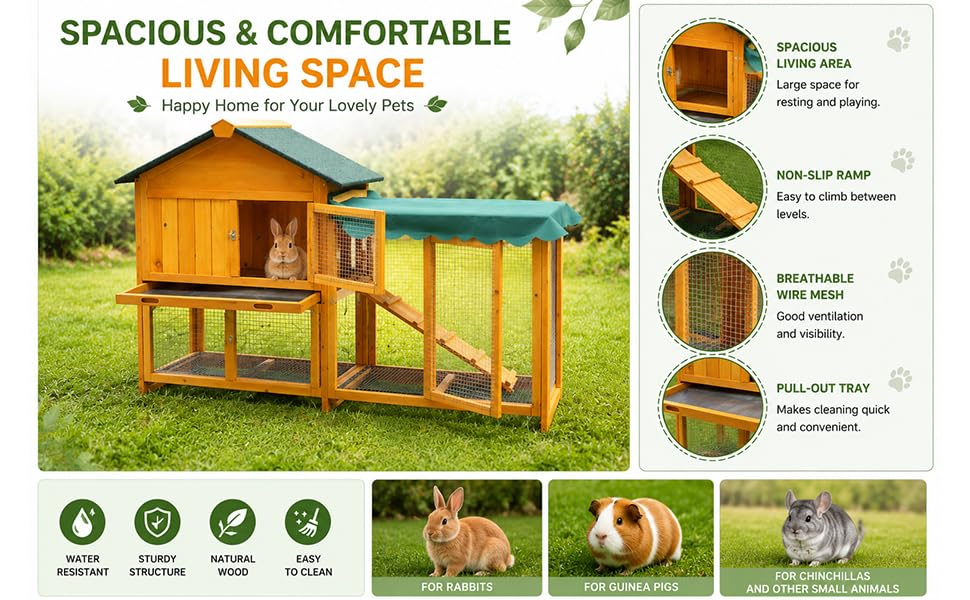 Outdoor Rabbit Hutch, Wooden Rabbit House, Equipped with Rainproof roof, Removable Pull-Out Tray and ramp. Made of Solid Wood, Suitable for Rabbits, Chickens and Ducks.Rabbit cage