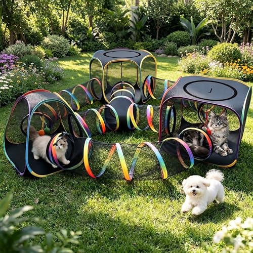 CypherX Outdoor Cat Enclosure, Portable Cat Tent with Tunnel Popup Catio | 7-in-1 modular design: 3 tents, 18" wide tunnels, scratch balls & storage bag. Durable setup for large cats & small pets. - size: 7 in 1 Kingdom(18"W)