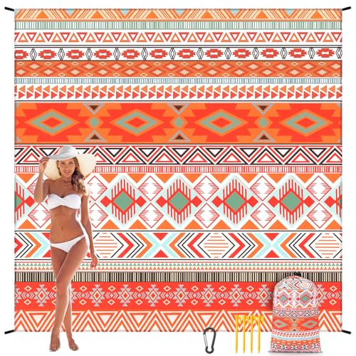 WIWIGO Beach Blanket Mat Waterproof Sandproof for 2-8 Adults Quick Drying | Extra Large, For 2-8 Adults,Windproof, Outdoor Picnic Mat, Beach Accessories Must Have,Gifts, for Travel, Camping, Hiking - color: Bohemian Orange, size: 79" X 83"（1-4person）