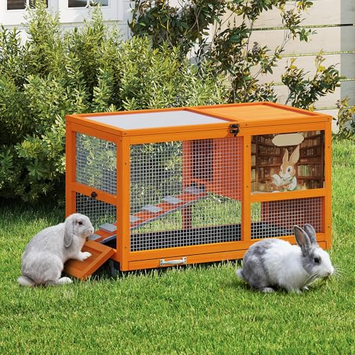COZIWOW 36.5-Inch Double-Decker Wooden Rabbit Hutch with Wheels, Featuring A Cleaning Tray and Ladder—Stylish and Easy to Assemble（Orange and Pattern） - color: Orange and Pattern