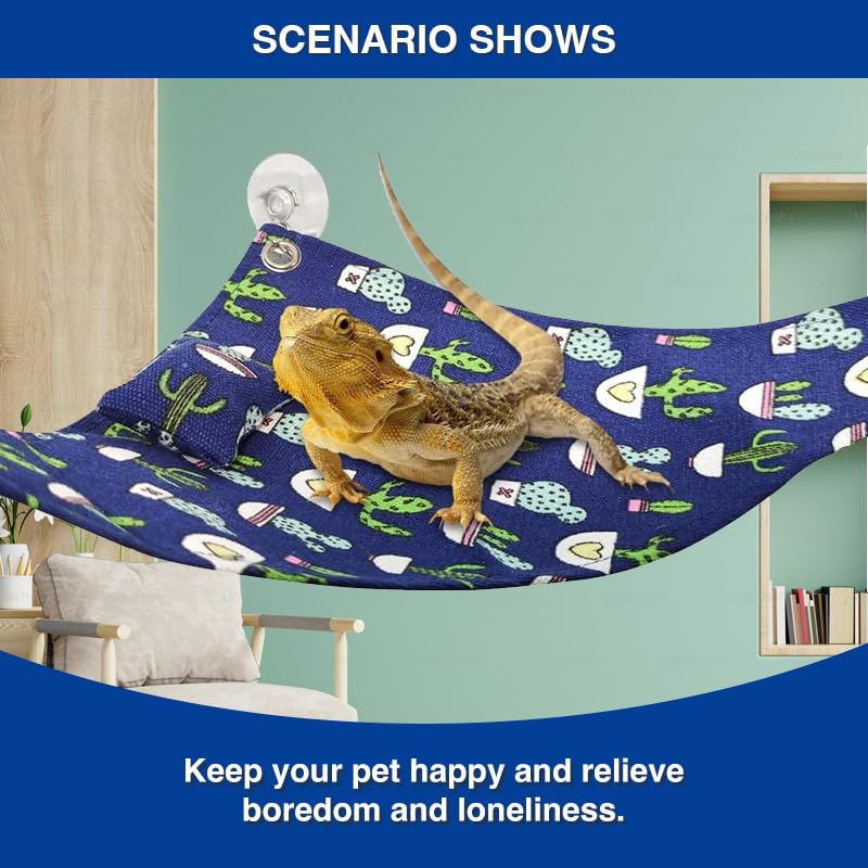 Bearded Dragon Hammock Swing Hanging Reptile Bed Lounger with Pillow Hooks & Suction for Large Small Bearded Dragons Geckos Lizards Snakes (Blue) - color: Blue