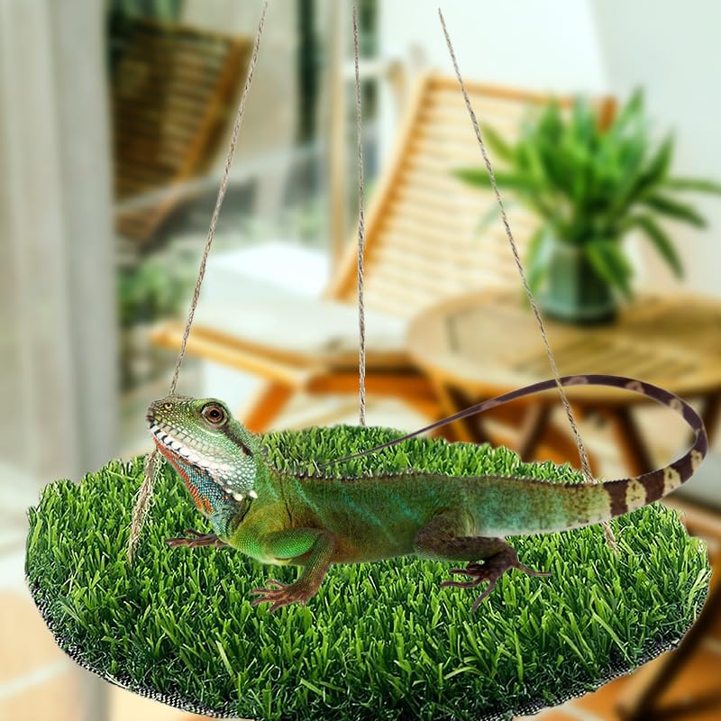 Reptile Hammock Swing Hanging Bed, PP Grass Pad，Portable Bird Swing Stand Reptile Natural Swing Hanging Bed for Bearded Dragon Leopard Gecko Lizard Birds Parrots（Round） - color: Round