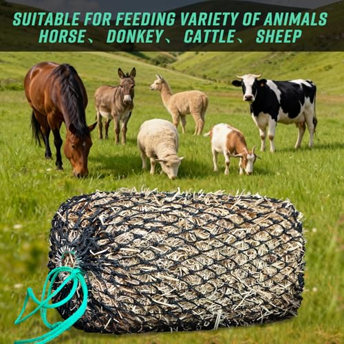 Slow Feed Hay Net, Square Bale PE Horse Hay Net with Drawstring | Premium PE Hay Nets With 1.6 in Holes & Drawstring Closure Fits 36x18x18–45x25x17 Inch Square Hay Bales for Easy Loading