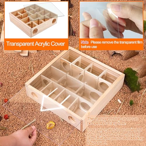 Kathson Wooden Hamster Tunnel Maze with Cover,Multichamber Hamster Hideout | Mice House Tunnel Exploring Toy for Dwarf Hamsters, Gerbils,Small Animals - color: Transparent-top hamster hideaway