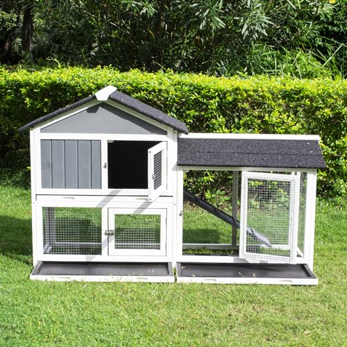 Lifeand Upgraded 61''L Deluxe Multi-Level Rabbit Hutch with Pull Out Tray, Ramp, Lockable Doors,Wooden Small Animal House,Outdoor or Indoor,Gray+White (Gray+White)