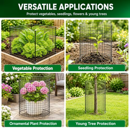 5 Pack Plant Protectors from Animals 12'' x 12'' with Stakes Nylon Ties | Metal Wire Mesh Garden Plant Cages for Outdoor Gardening Supplies to Keep Rabbit Chicken Away from Tomato Flower Vegetables - size: 5PACK-12*12inch
