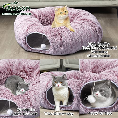AUOON Plush Cat Tunnel Bed for Indoor Cats, 36"L x 36"W x 11.5"H, Rosiness | 2 in-1 Interactive Cat Toy, with Hanging Ball Toy, Machine Washable Center Pad, for Kitten Puppy Rabbit Ferret - color: Rosiness