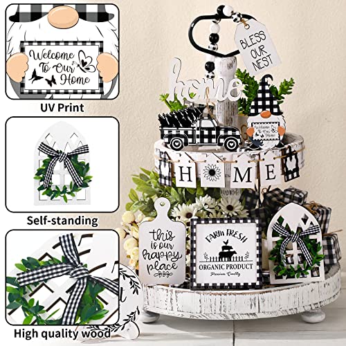 FairySandy 11 Pcs Home Tiered Tray Decor Buffalo Plaid Black and White Rustic Farmhouse Tiered Tray Decorations Set Home Wooden Signs Vintage Animal Tabletop Wood Signs for Kitchen Table Shelf Decor - style: Buffalo Plaid