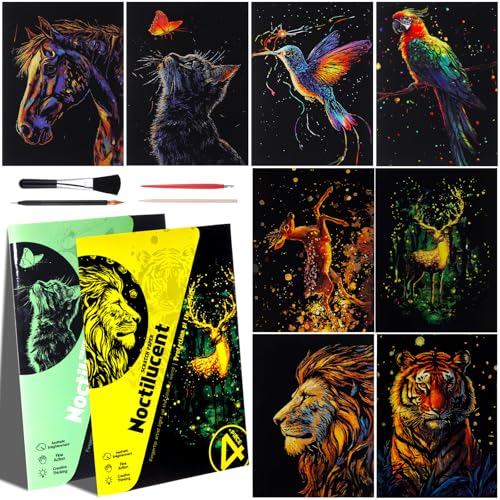Gersoniel 8 Pack Scratch Paper Art Glow in The Dark Scratch Kit for Adult Rainbow Painting Paper Sheet with Pen / Cleaning Brush Noctilucent Engraving Scratchboard for Adults Craft Gift, Stress Relief - color: Hummingbird,Deer