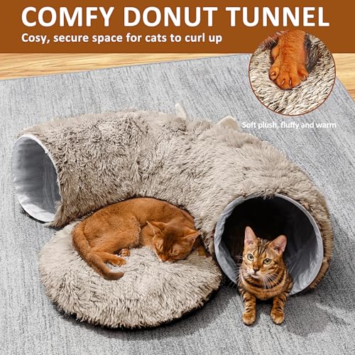 Cat Tunnel with Cat Bed for Indoor Cats, Soft Plush Peekaboo Cat Cave Donut Tunnel, Multifunctional Playground Toys Hideplace for Small Medium Large Kittens, Rabbit, Ferret, Brown - color: BROWN