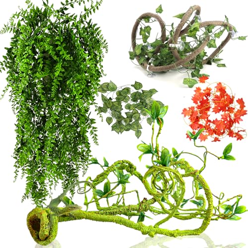 Grddaef Reptile Vines Plants for Terrarium, Flexible Vines Jungle Climbing Branch with Leaves Tank Decor for Snakes Bearded Dragons Geckos Hermit Crabs Lizards Chameleons